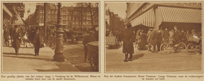871752 Collage van 2 foto's betreffende de verkeersdrukte op het Vredenburg, de Korte- en Lange Viestraat en de Neude ...